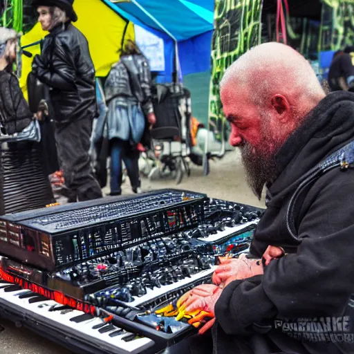 Image similar to cyberpunk goth homeless man cyborg playing a cyberpunk moog synthesizer at cyberpunk farmers market by william barlowe and pascal blanche and tom bagshaw and elsa beskow and enki bilal and franklin booth, neon rainbow vivid colors smooth, liquid, curves, very fine high detail 3 5 mm lens photo 8 k resolution