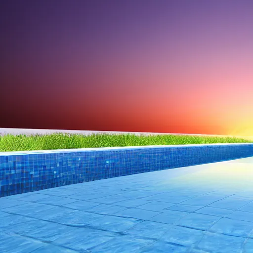 Image similar to liminal space photography, swimming pool, ceramic tiles on the floor and walls, sunset light, clear water, high detailed, photorealistic 4k - H 768