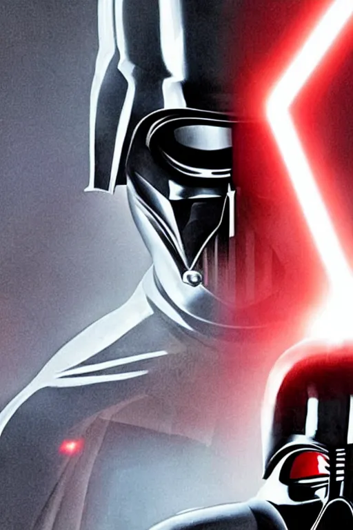 Image similar to Elon Musk portrayed as Darth Vader, holding his helmet under his arm, wearing his power armor and red lightsaber, luigi lucarelli's style