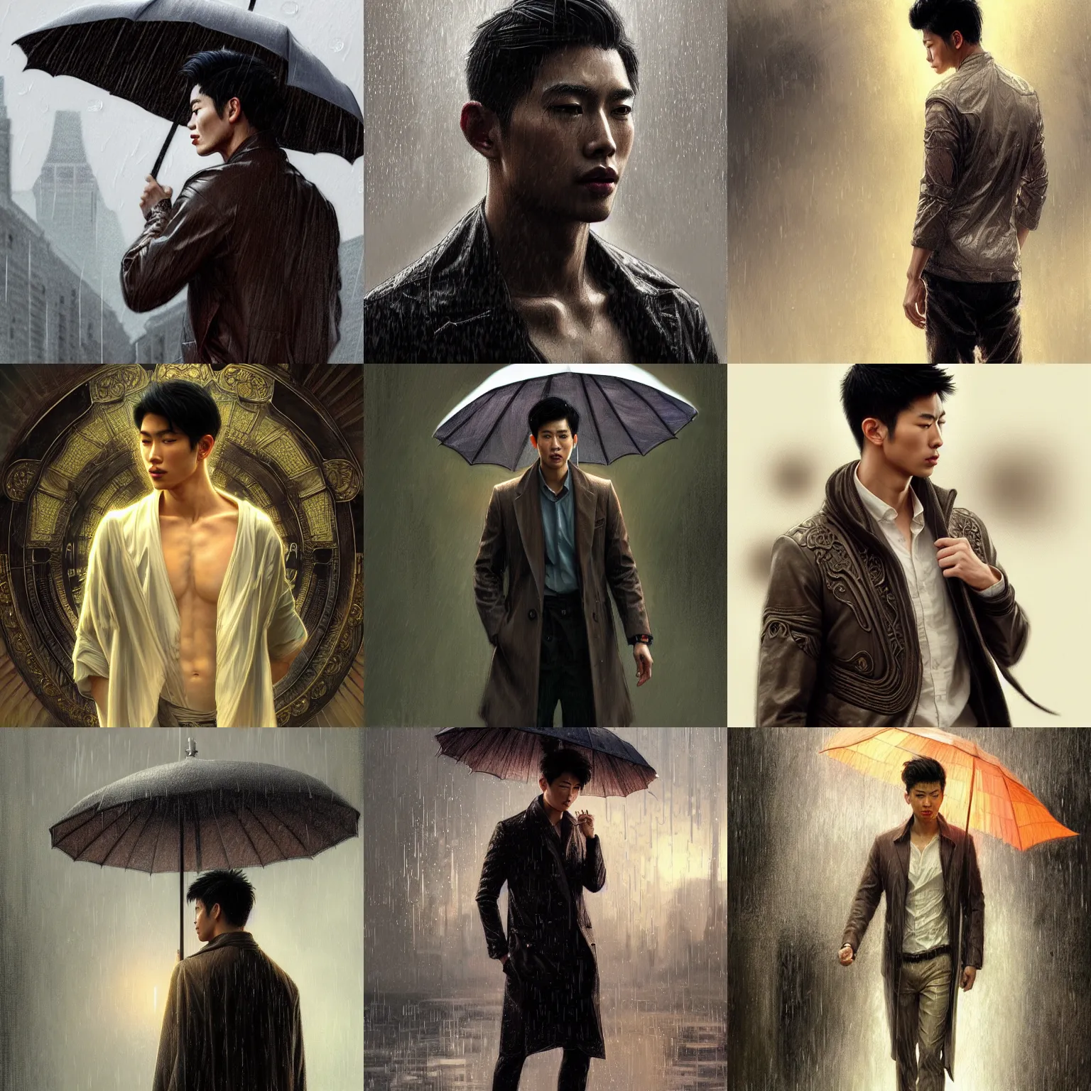 Prompt: ultra realistic illustration, asian male model standing in rain, intricate, elegant, highly detailed, digital painting, artstation, concept art, smooth, sharp focus, illustration, art by artgerm and greg rutkowski and alphonse mucha