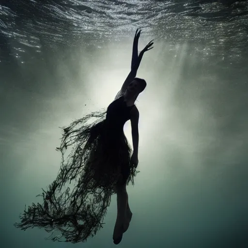 Image similar to woman dancing underwater wearing a dress made of seaweed that is flowing in the current, lighting with caustics from sunlight, cinematic, photorealistic