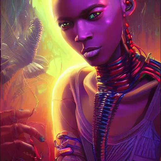 Image similar to african neon necromancer, science fiction, highly detailed, digital painting, beautiful eyes, symmetry, concept art, sharp focus, illustration, global illumination, radiant light, synthwave colors, detailed and intricate environment, art by artgerm and greg rutkowski and magali villeneuve and ilya kuvshinov!