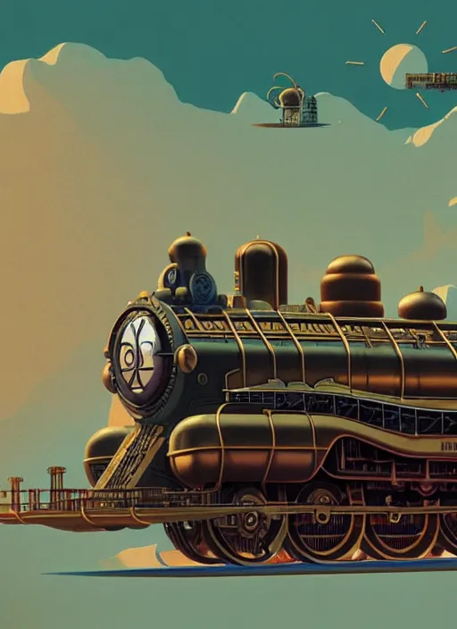 Image similar to a steampunk train by paolo eleuteri serpieri and tomer hanuka and chesley bonestell and daniel merriam and tomokazu matsuyama, unreal engine, high resolution render, featured on artstation, octane, 8 k, highly intricate details, vivid colors, vector illustration