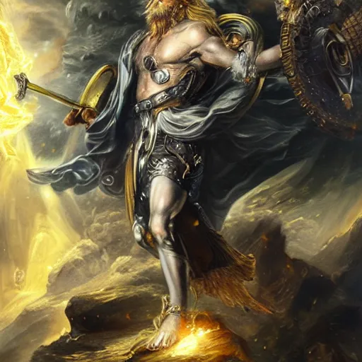 Prompt: mythological Odin all father god of thunder and artificial intelligence creating an artificial neural network with dark yellow synapses on an anvil, high resolution, award winning art, trending on art station, sharp image, incredibly detailed, odin all father detailed character realistic painting, painting by peter paul rubens