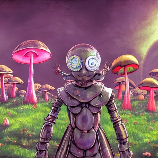 Image similar to 4 k headshot portrait of a psychedelic demonic anthropomorphic insect knight with mushroom themed clothes, magic mushroom village in background by jeff easley, award winning, stylized neon, post - processing, masterpiece, superb resolution. in the art style of junji ito and greg rutkowski. detailed mushroom city in background. hyper realistic anime. perfect art. dalle 2