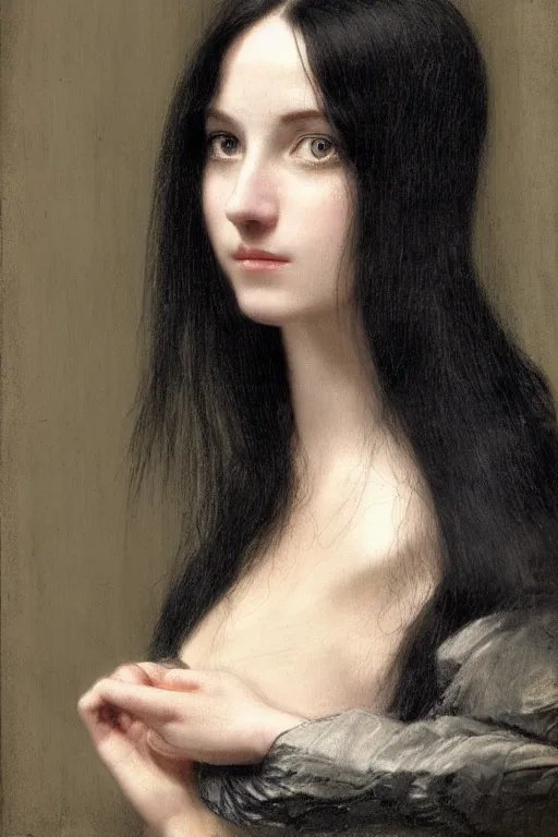 Image similar to picture portrait,(((((((((((((young woman's face))))))))))))), long black hair, pale skin, digital render, super-detailed , by Millais