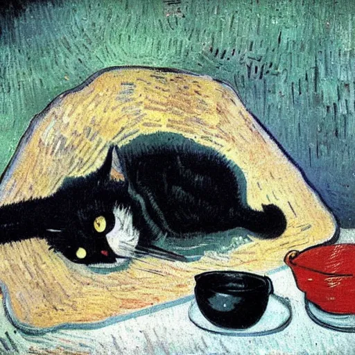 Prompt: black cat with one eye stealing pancakes oil painting by vincent van gogh