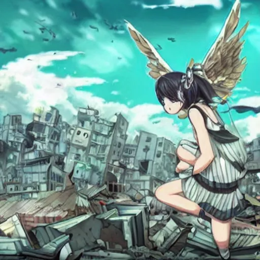 Prompt: a hundred sad angry anime girls with wings flying over destroyed city and homes, highly detailed