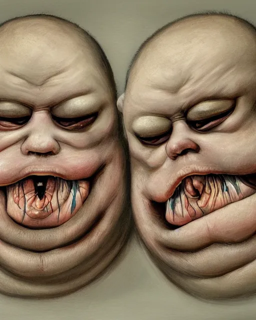 Image similar to Two-headed portrait Painting of a chubby fat EXTRATERRESTRIAL creature with big bulging eyes, white milky eyes, eyeballs, two heads, flabby skin, excess skin hanging from cheeks, straw-like beard growing from face, disgusting, creepy, unsettling, horror, upper body, intricate, wild, highly detailed, digital painting, artstation, concept art, smooth, sharp focus, illustration, art by artgerm and greg rutkowski and alphonse mucha