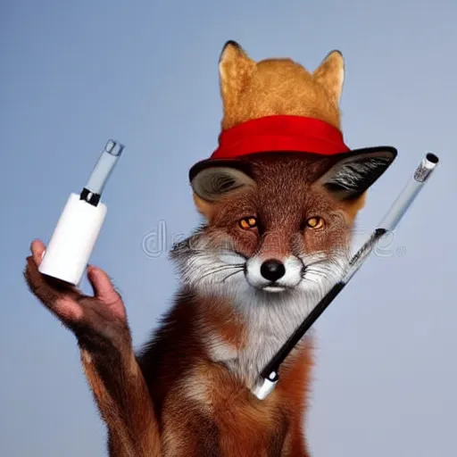 Image similar to a polygamous fox with a hat drinking beer and smoking e - cigarette, stock photo