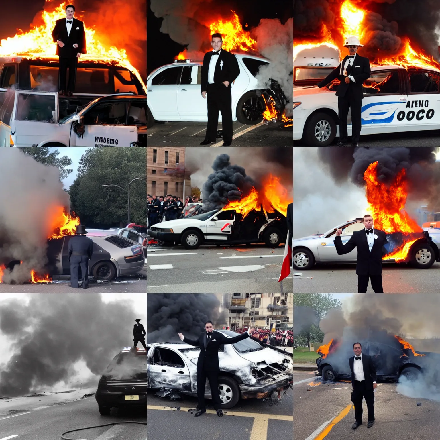 Prompt: man dressed in a tuxedo standing on top of a burning cop car, photo