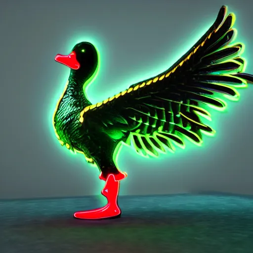 Prompt: a cybertronic duck,metallic, glowing, neon wings, unreal engine