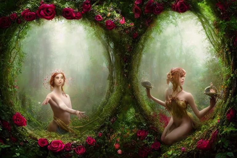 Prompt: a stunning mystical fantasy epic fine art photo of a princess looking at an ornate oval mirror floating in a rose vine misty forest, by artgerm, wlop and tomasz alen kopera, 2 4 mm lens, rule of thirds composition, vibrant colors, hyper realistic, deep depth of field
