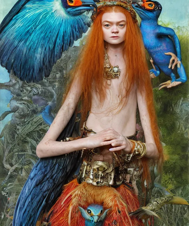 Prompt: a portrait photograph of a meditating fierce sadie sink as a colorful harpy bird super hero with blue wet amphibian skin. she has animal skin grafts and cyborg body modifications and implants. by donato giancola, hans holbein, walton ford, gaston bussiere, peter mohrbacher and brian froud. 8 k, cgsociety, fashion editorial