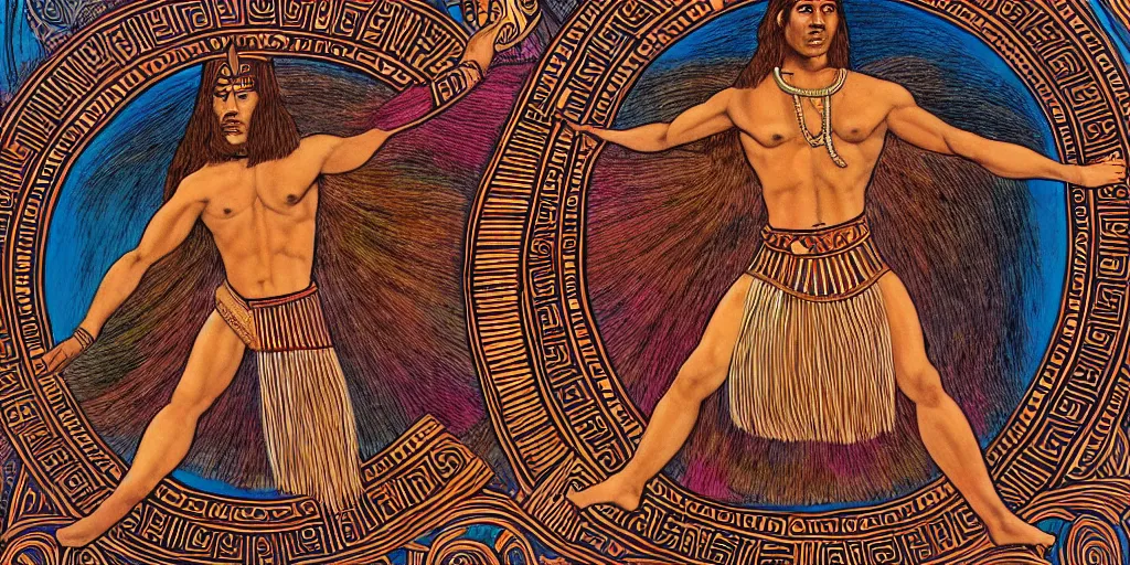 Prompt: an abstract spiritual background, a polynesian greek god dancing, clear eyes. 2 4 mm, photorealistic, muted color scheme, directed by mati klarwein