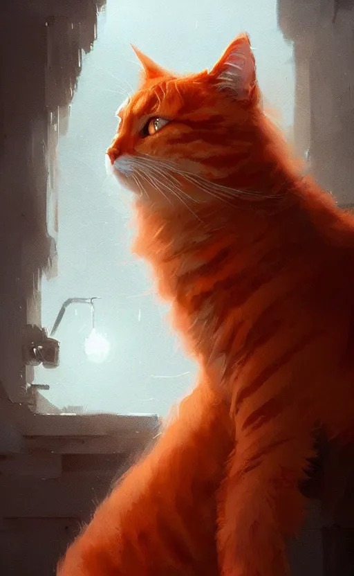 Image similar to a fluffy orange cat with long whisters and stern brown eyes, digital painting by greg rutkowski, artstation, intricate, highly detailed, cinematic lighting, concept art