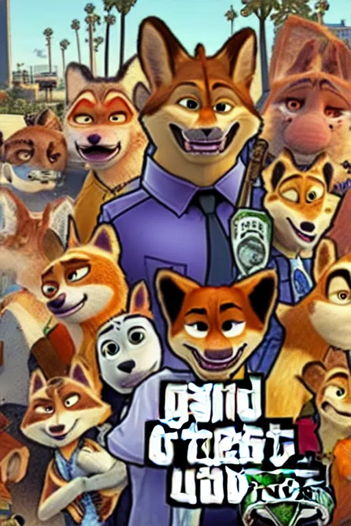 Image similar to Grand Theft Auto: San Andreas loading screen featuring Nick Wilde (from Zootopia)