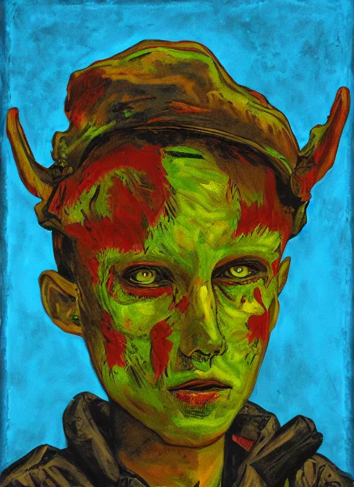 Prompt: scout boy, grotesque, doomed, acrylic paint, gouache on canvas, ugly art, grotesque, high resolution, thermal effect,