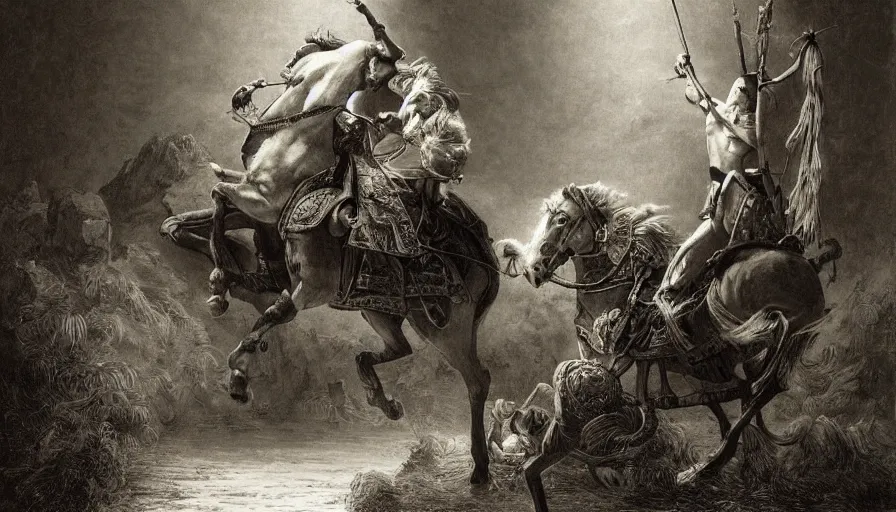 Image similar to big opened book, open book page, opened book, page, don quixote leave the book by horse, cinematic romantic magical masterpiece, by gene wolfe, highly detailed painting by gustave dore