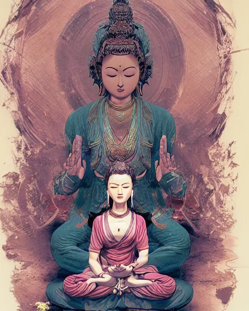 contented peaceful female buddha, praying meditating