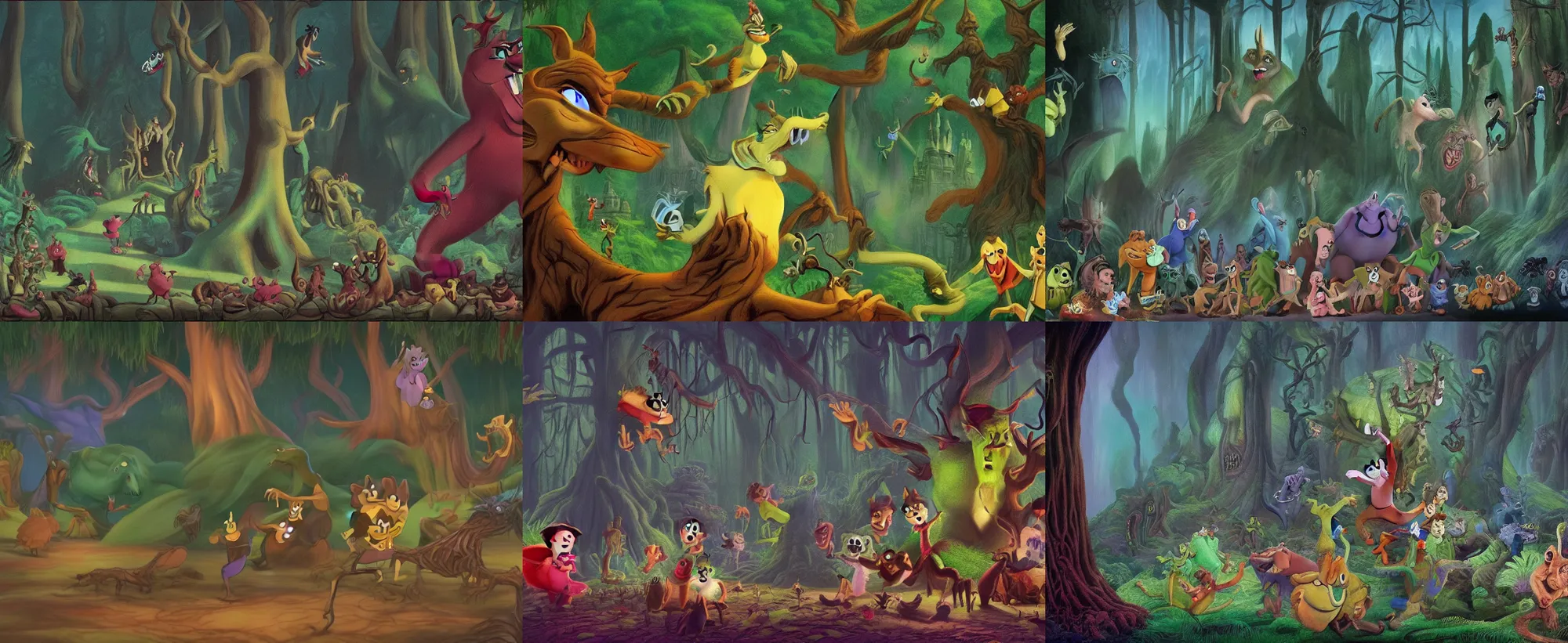 Prompt: Movie frame of evil creatures shaped like Zuckerberg from the coloured Disney animated motion picture released in 1937, beautiful enchanted forest full of critters, directed by Walt Disney, highly detailed background paintings by Thomas Kinkade