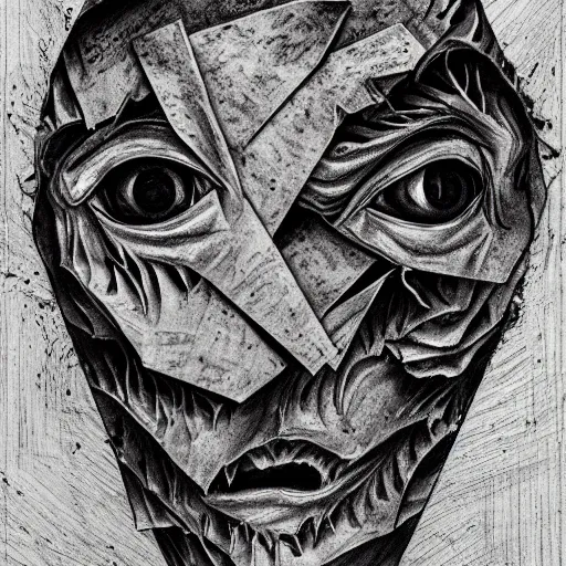 Prompt: multiple faces shredded like paper masks screaming, dark horror, surreal, drawing, painting,