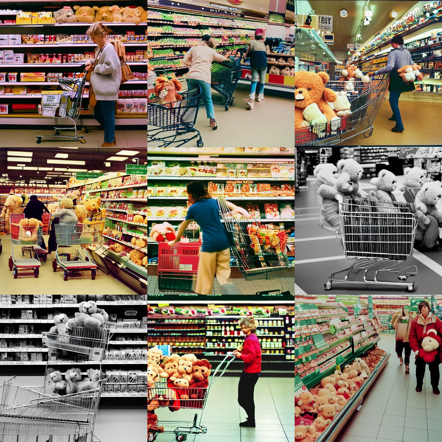 Prompt: Teddy bears shopping for groceries, 35mm photography