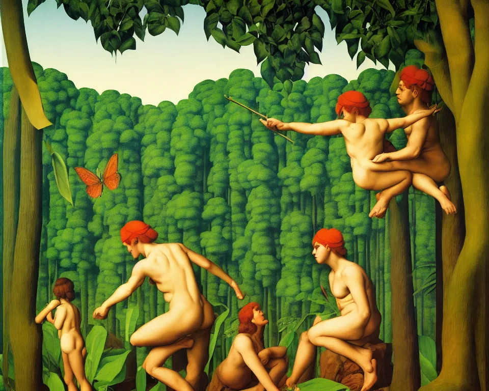 Image similar to an achingly beautiful print blind justice in the jungle by Raphael, Hopper, and Rene Magritte. detailed, romantic, enchanting, trending on artstation.