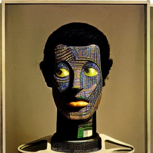 Image similar to A Nubian cyborg, portrait, by Nam June Paik, Man Ray, Richard Avedon