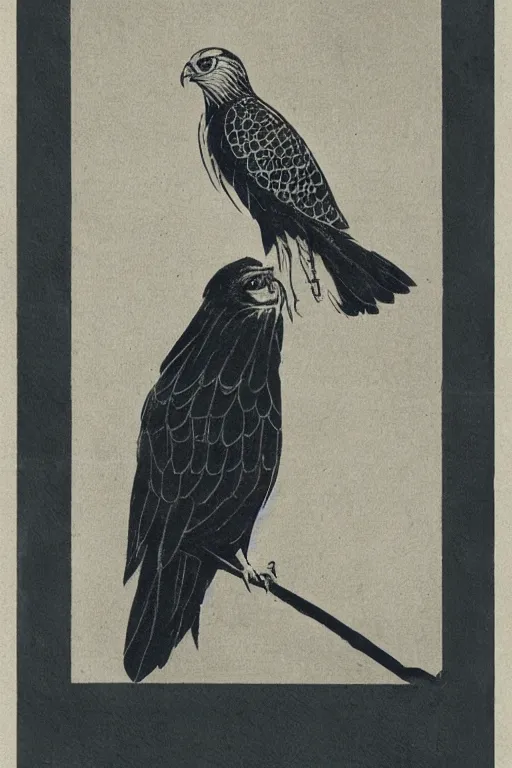 Image similar to an hawk resting on a fence, an illustration of by laszlo moholy - nagy, behance, sosaku hanga, cyanotype, photoillustration, calotype