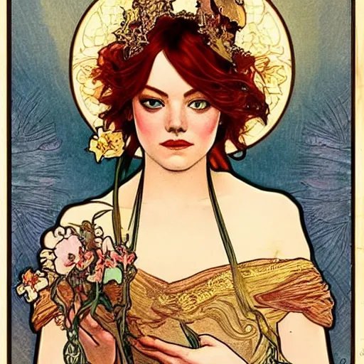 Prompt: emma stone portrait by louis - theophile hingre and alphonse mucha, realistic, sharp focus, zodiac signs, tarot cards, planets, ethereal, art nouveau, magic, moon, sun, crown, dreamy, royal, jewellery