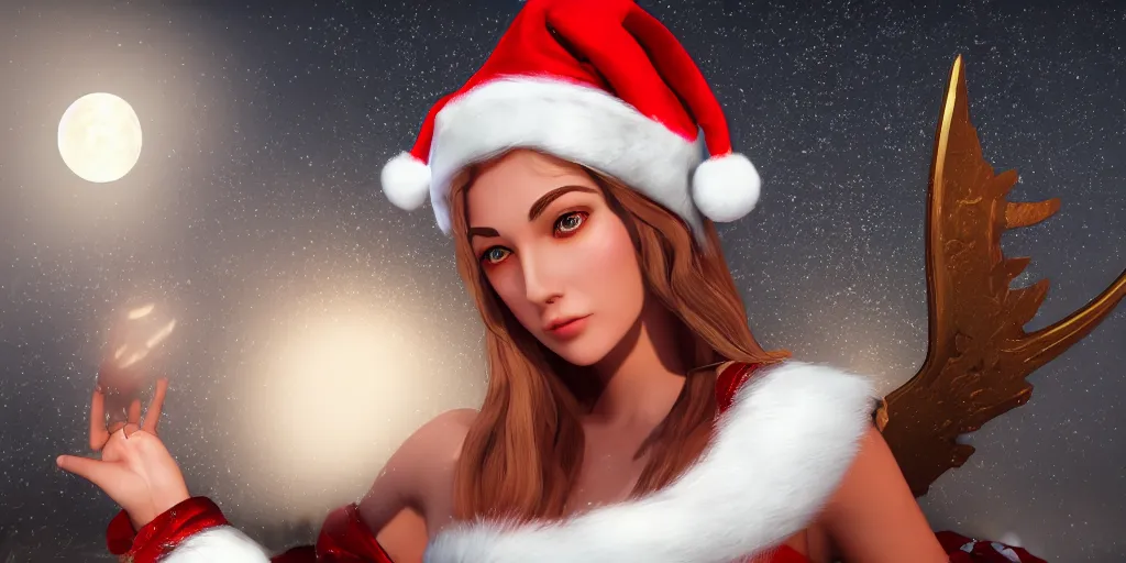 Image similar to portrait of greek moon goddess artemis wearing a santa hat, digital art, unreal engine, 3 d render, cinematic lighting