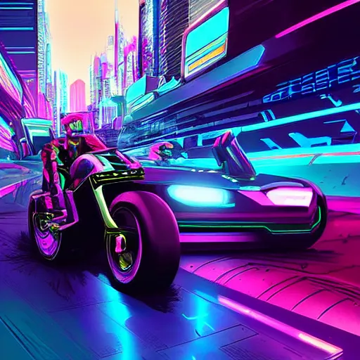 Prompt: cyberpunk, synthwave, cubo - futurism, darksynth, synthwave, retrowave, highly detailed digital art of a tron cyberbike race