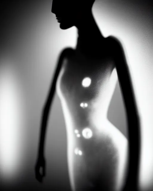 Prompt: black and white high quality photo of a beautiful female AI vegetal-cyborg looking into a sci-fi mirror, volumetric lighting, liminal space, brutalism, foggy, dreamy, hyperdetailed, bokeh, photorealistic, cinematic, masterpiece, Metropolis, elegant, dark, by Man Ray in the style of Horst P. Horst, octane render, 8K,