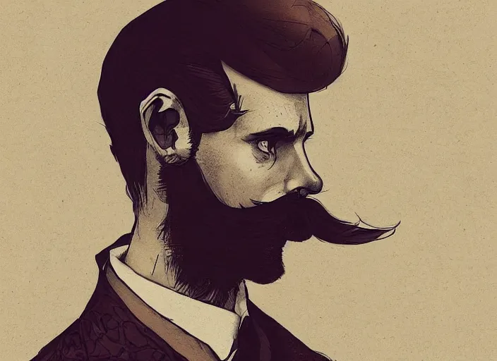 Prompt: portrait of a victorian man with a handlebar moustache, male, detailed face, victorian by ghailan, james gilleard, by joe fenton, by greg rutkowski, by greg tocchini, by kaethe butcher, 4 k resolution, gradient yellow, black, brown and cyan color scheme, grunge aesthetic!!!