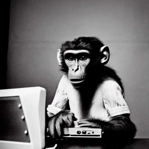 Prompt: a monkey writing a bestseller on a 8 0 s computer, smoking a cigarette. black and white. 1 9 2 0 aesthetic. old film grain. soft light from a table lamp. high detailed film look.