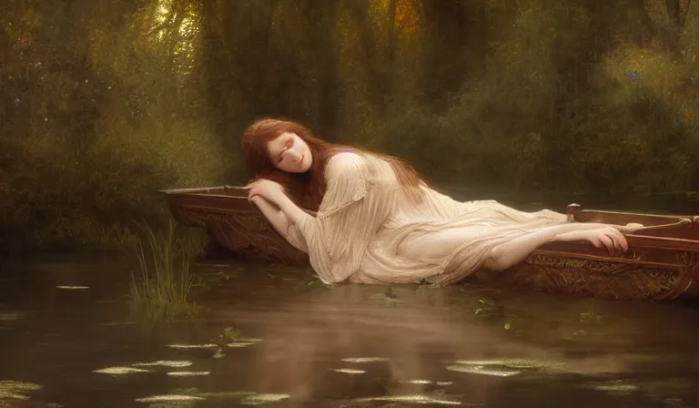 Image similar to full body pose of lady of shalott laying in a river, sadness, longing, sharp focus, intricate, elegant, digital painting, artstation, matte, highly detailed, concept art, illustration, volumetric lighting, bokeh light, art by greg olsen and liz lemon and john william waterhouse