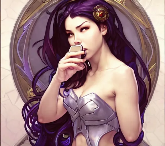 Image similar to bored woman checking her phone phone, fantasy, whimsical, horror, dungeons and dragons, league of legends splash art, heroes of the storm splash art, hearthstone splash art, world of warcraft splash art, overwatch splash art, art by artgerm, art by alphonse mucha, intricately detailed, highly detailed, trending on artstation, 4 k, wallpaper