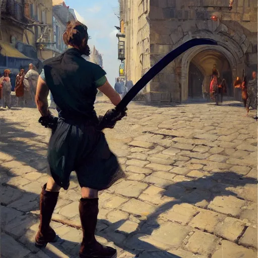 Image similar to greg manchess portrait of a sword stuck between cobblestones, profile picture, organic painting, sunny day, matte painting, bold shapes, hard edges, street art, trending on artstation, by huang guangjian, gil elvgren, ruan jia, randy vargas, greg rutkowski