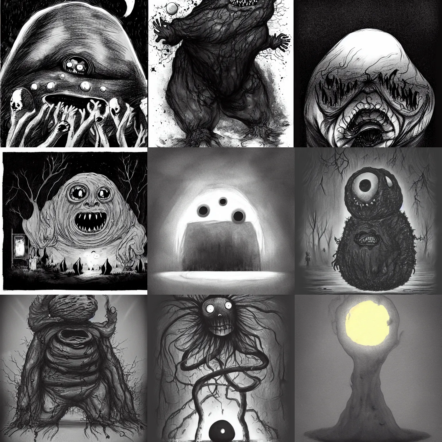 Prompt: a big blob creature in the style of Scary Stories to Tell in the Dark, trending on ArtStation