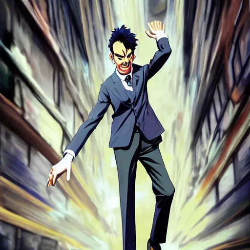 Image similar to Digital painting of Mr Bean walking like a Italian model in JoJo's Bizzare Adventure anime style, official media from JoJo's Bizzare Adventure, highly detailed, sharp focus, 1990 manga panel, anime, ArtStation, art by Hirohiko Araki