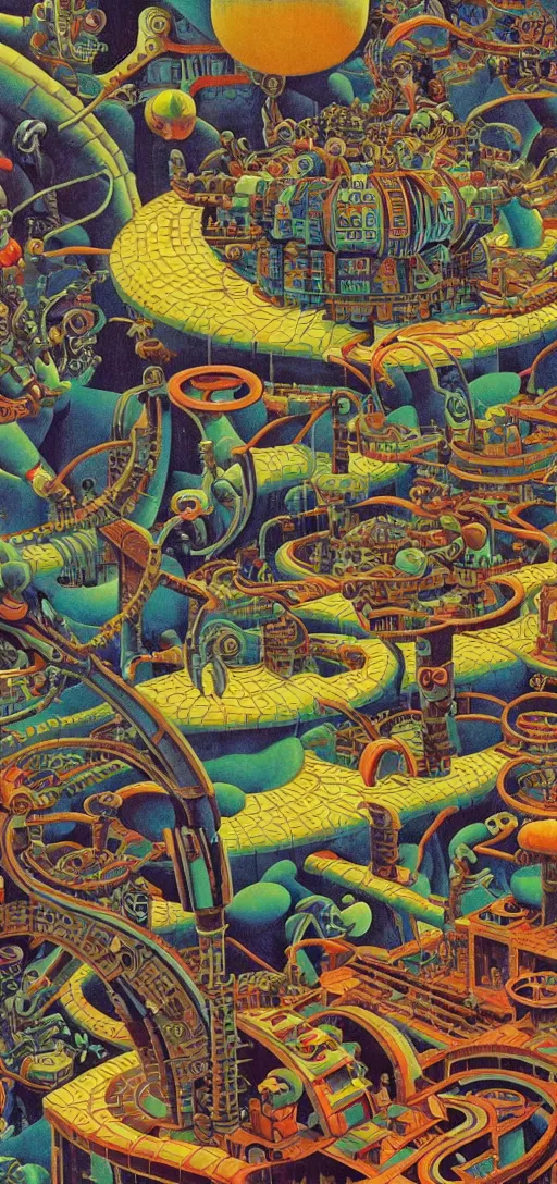Prompt: aztec martian dissolving into cybernetic transhumanistic bio mechanical game console god, basil wolverton, high detail, studio ghibli, mc escher, picasso, dali, muted but vibrant colors, cubism, gold speckles, rainbow tubing, particle explosion, epic mural, amanita muscaria