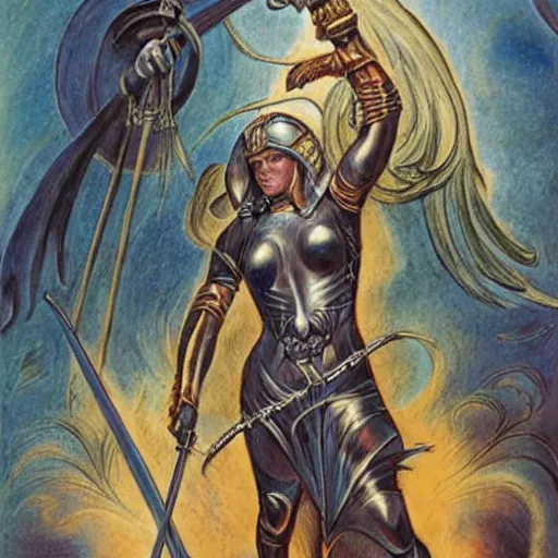 Prompt: jeanne d'arc in the style of william blake, terese nielsen, steve argyle