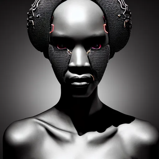 Image similar to portrait of an absurdly beautiful, graceful, sophisticated, fashionable black cyberpunk mechanoid gravure idol, ultrafine hyperdetailed illustration by irakli nadar, alek wek, matt wisniewski style, intricate linework, ebony skin, neon jellyfish headdress, ivory carved ruff, unreal engine 5 highly rendered, global illumination, radiant light, detailed and intricate environment