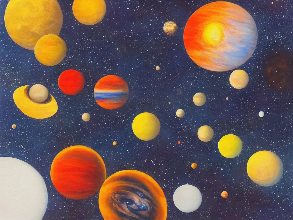 Image similar to A beautiful painting of a five planets, There are only five planets that are black, white, yellow, red, and blue, behind the galaxy and the universe, Trending on artstation, starry sky, Gioele Muscolino