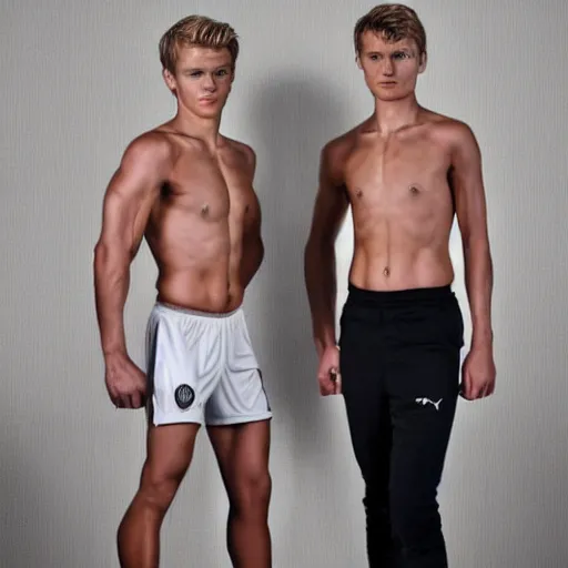 Image similar to a realistic detailed photo of a guy who is an attractive humanoid who is half robot and half humanoid, who is a male android, soccer player martin ødegaard, shiny skin, posing like a statue, blank stare, in a living room, on display, showing off his muscles, with a twin