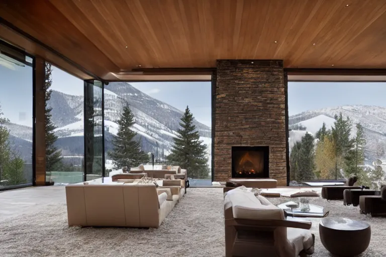 Prompt: a beautiful modern stone mansion in Aspen by Emmanuel Lubezki