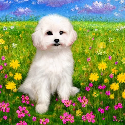 Prompt: cute fluffy maltese puppy sitting in a field of spring flowers detailed painting 4 k