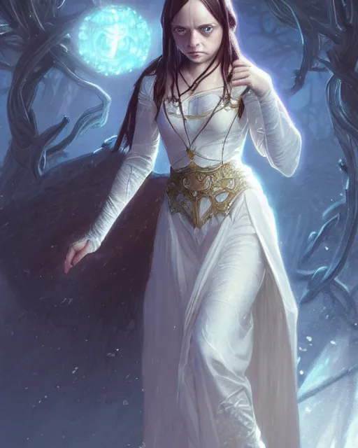 Image similar to Young Christina Ricci casting a ice spell, D&D, fantasy, intricate, elegant, highly detailed, digital painting, artstation, concept art, matte, sharp focus, illustration, hearthstone, art by Artgerm and Greg Rutkowski and Alphonse Mucha