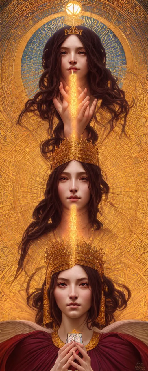 Image similar to perfectly detailed tarot card empress goddess of light!! blessed by nature with ever - increasing physical mental perfection, symmetrical! intricate, sensual features, highly detailed, biblical divine holy perfection!! digital painting, artstation, concept art, smooth, sharp focus, illustration, art by artgerm and greg rutkowski and alphonse mucha